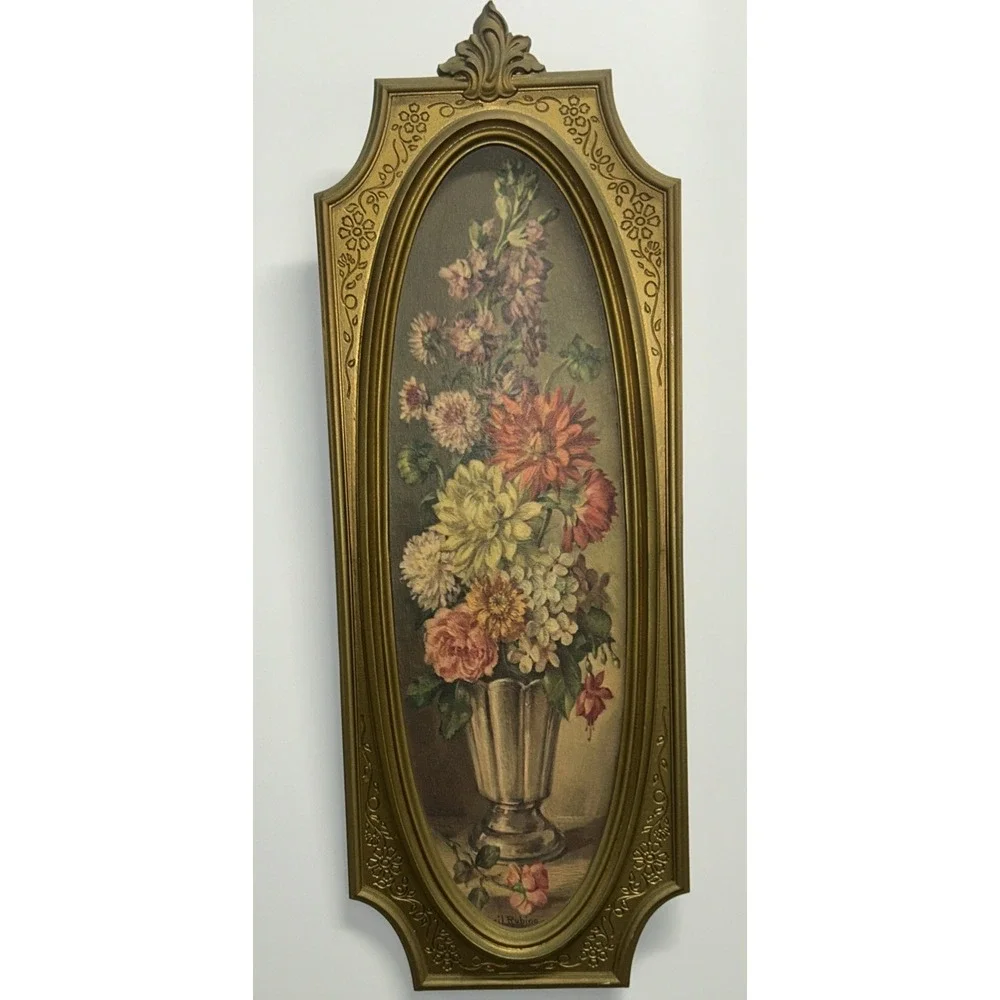 Pair of 1964 Florentine Gardens Vtg Floral Wall Art by Cecil Rubino - Gold Frame